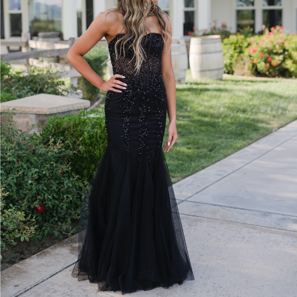 Jovani 5908 Strapless Sweetheart Corset Illusion Bodice Mermaid Gown